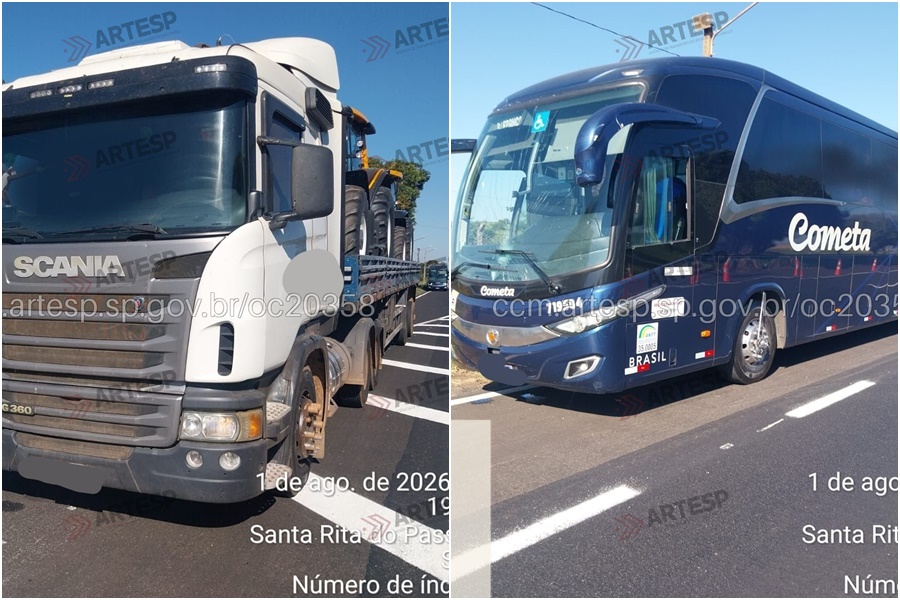 Carreta dá marcha à ré e bate em ônibus na Anhanguera em Santa Rita do Passa Quatro